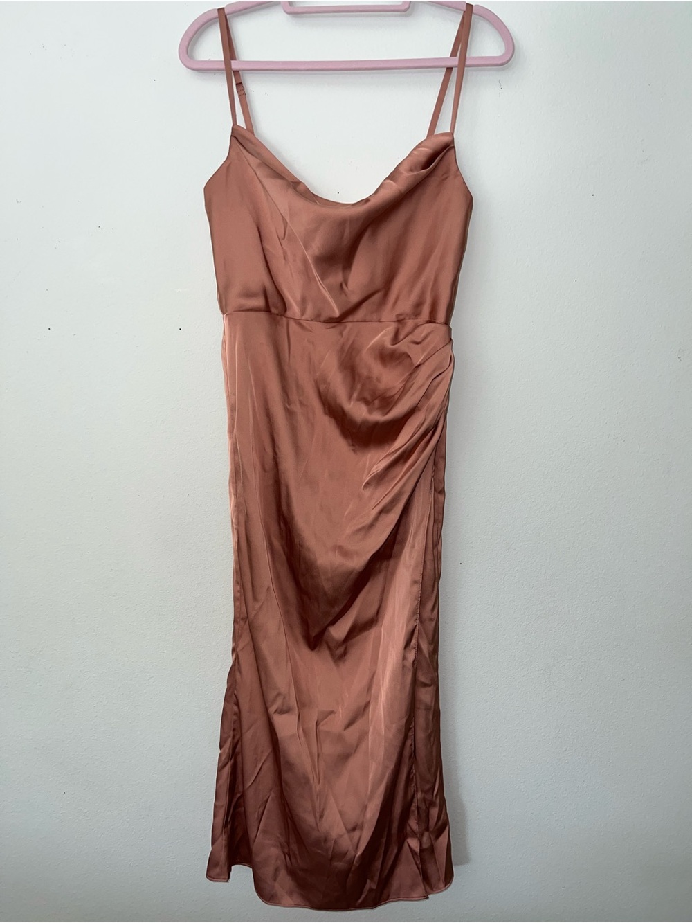 Azazie Satin Cowl Neck Midi Dress in Rose Brown